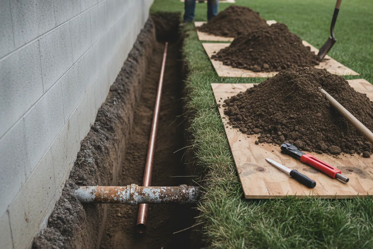 Excavated water line trench during Sewer Line Repair in Midway